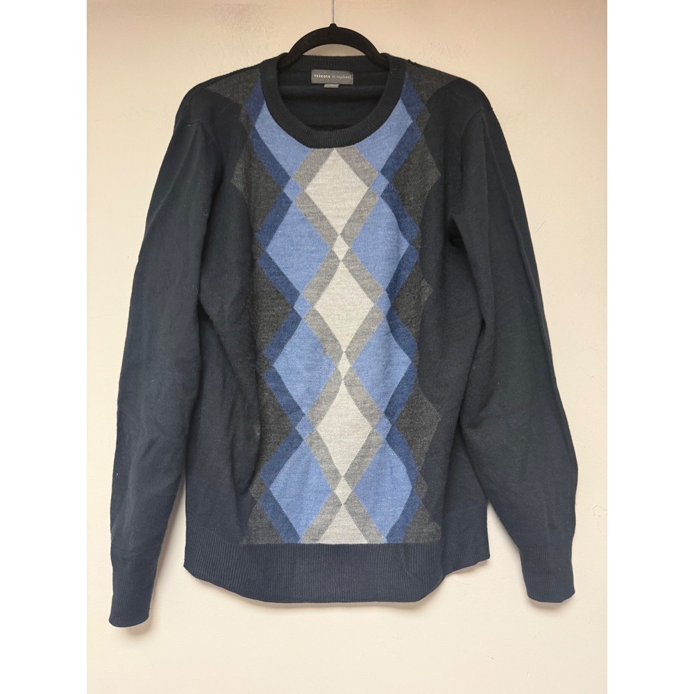Tricots St Raphael Men‎ Sweater Argyle Pattern Black Blue Gray Size L